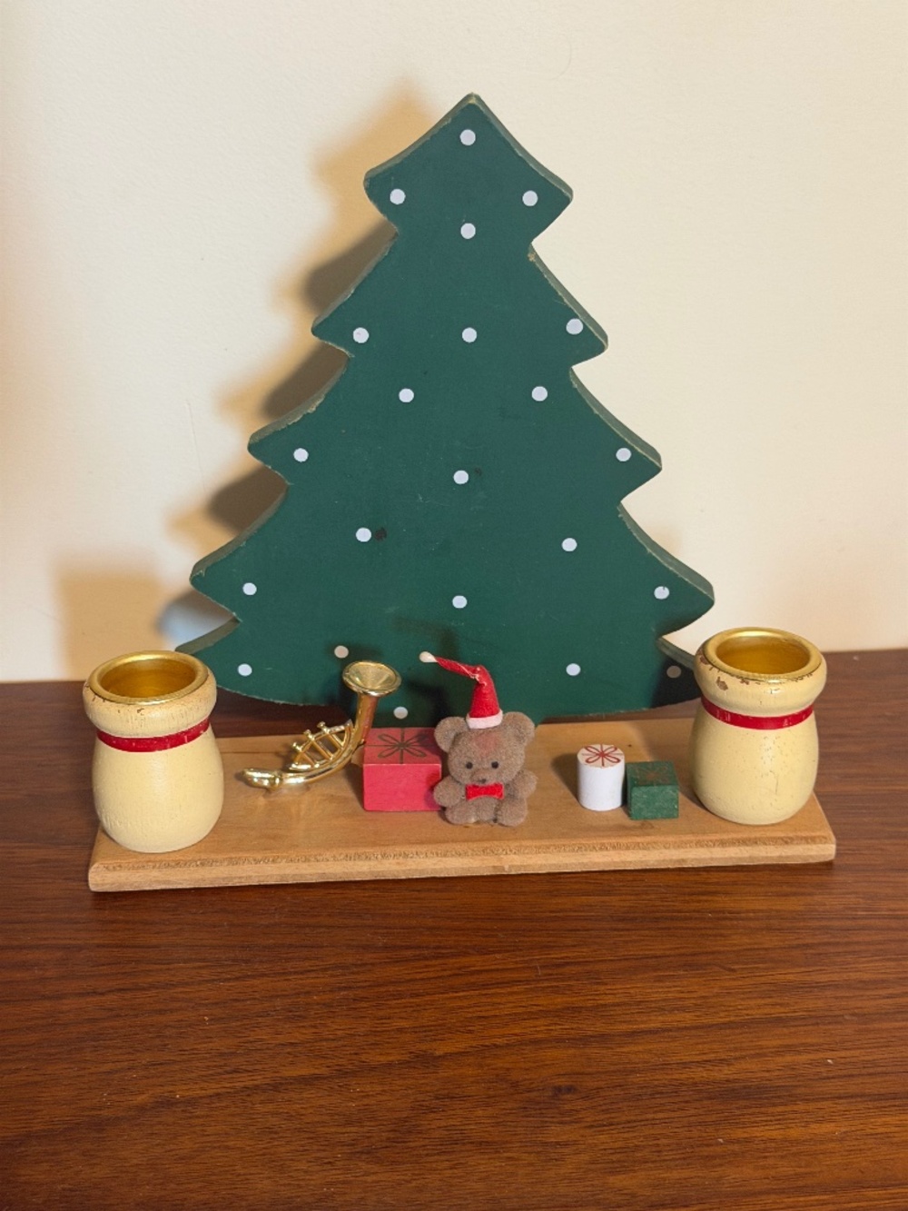 Vintage Wood Christmas Tree and candle holders kitschy decor